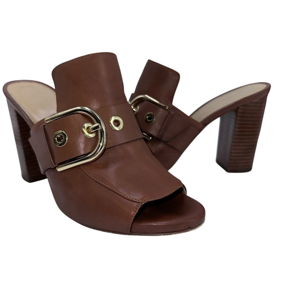 Michael Kors Brown Leather Slip On Open Toe Heels Mules Slides Size 9M Gold